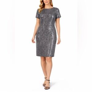 Ralph Lauren Sequined Short Sleeve Boat Neck Sheath Cocktail Dress Gray Size 4